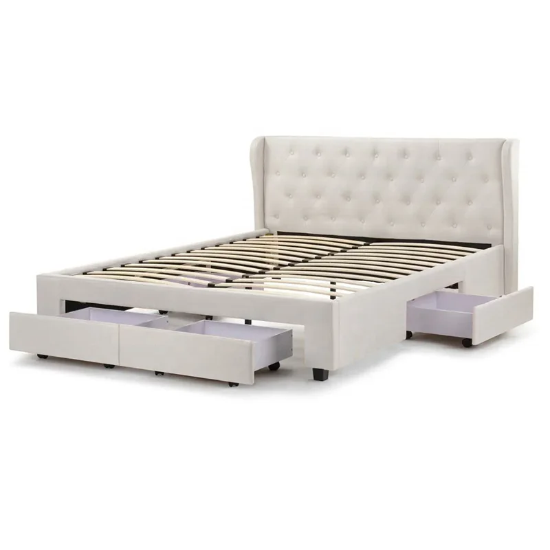 beige fabric button tufted wing headboard king size 4 storage drawer bed frame
