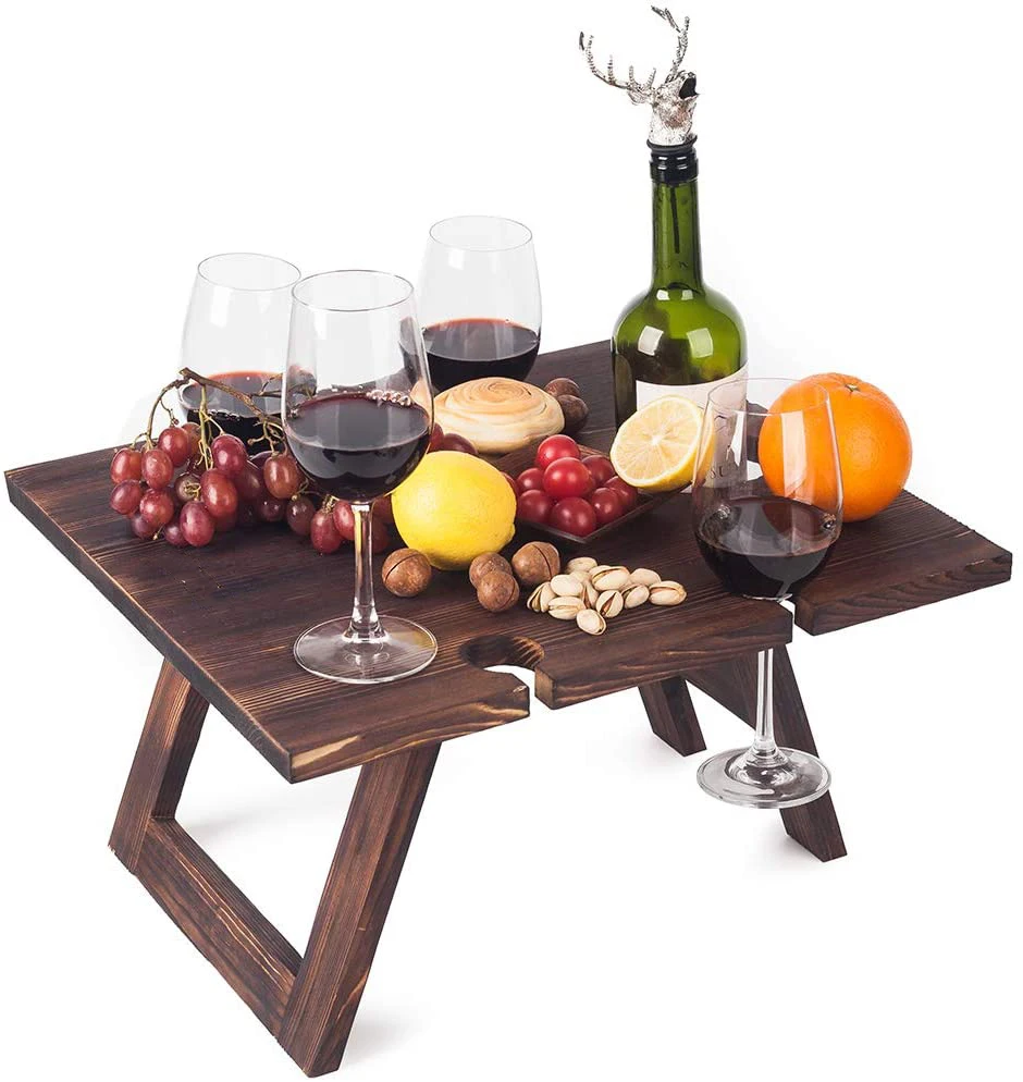 Outdoor Wine Picnic Wooden Table Folding Portable Bamboo Wine Glasses Snack and Cheese Holder Tray for Concerts at Park Beach