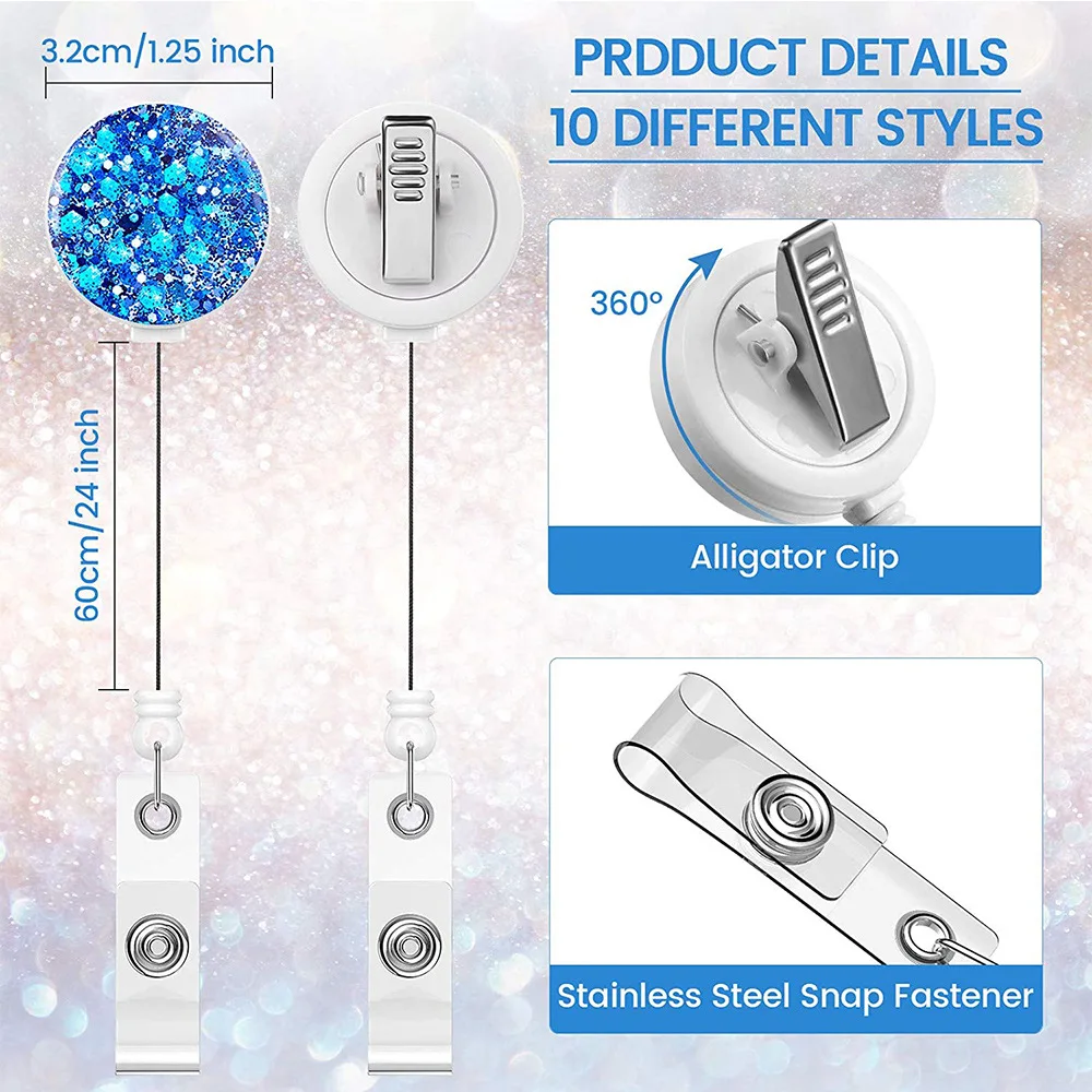 Fashion Design Glitter Reel Badge Retractable Round Nurse ABS Badge Holder With 360 Degree  Alligator Clip