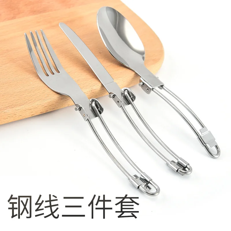 Folding steel wire knife fork spoon  3pcs camping tableware portable outdoor stainless steel tableware