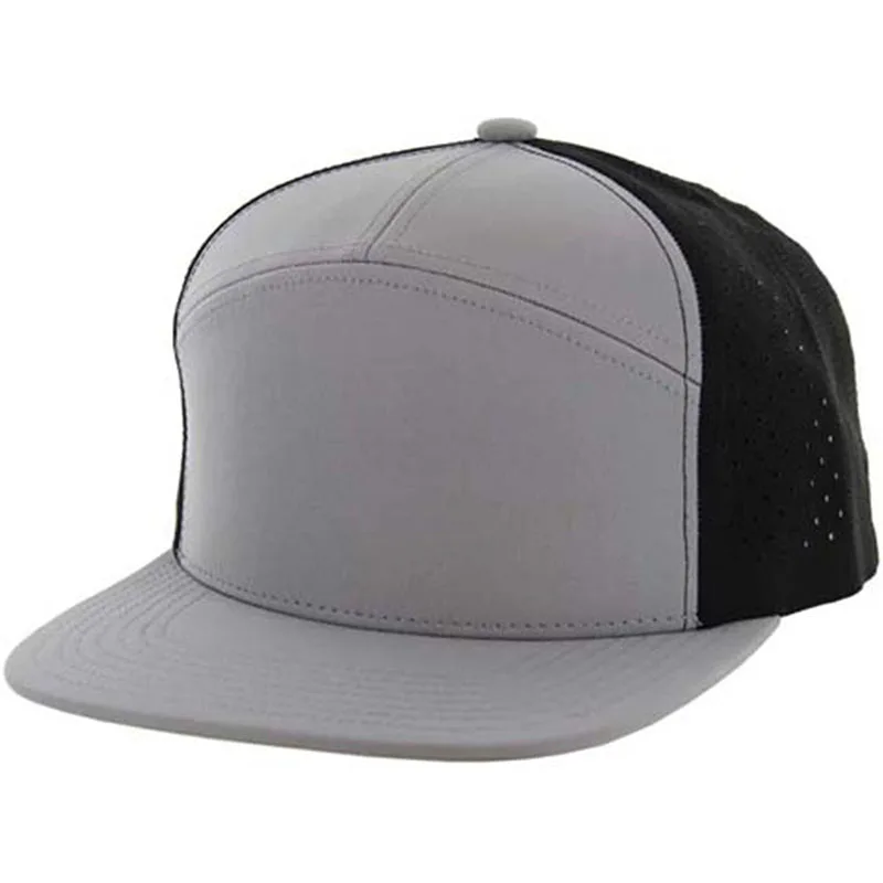 Custom High Quality Plain Rubber Pvc Patch Men Luxury 7 Panel Flat Brim Laser Cut Hole Perforated Hat, Hip Hop Snapback Caps
