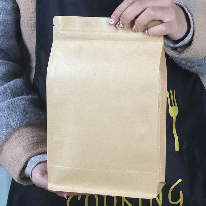 Eight-sided sealed kraft paper coffee herbal snack tea self-standing kraft paper square bottom bag