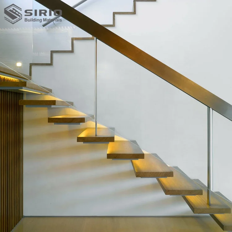 Прямая плавающая лестница, выполненная по индивидуальному заказу с деревянными ступеньками и закаленными стеклянными перилами, лестничная система