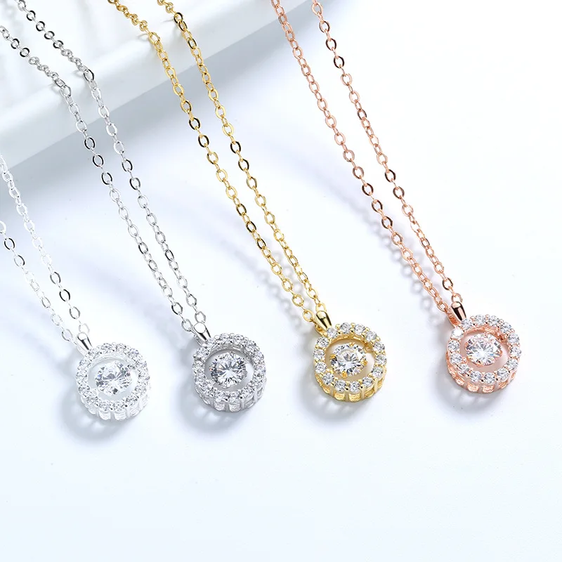 Sterling Silver 925 Jewellery Gold Plated Wholesale Dancing Cubic Zirconia Diamond Stone Round Circle Pendant Necklace For Women