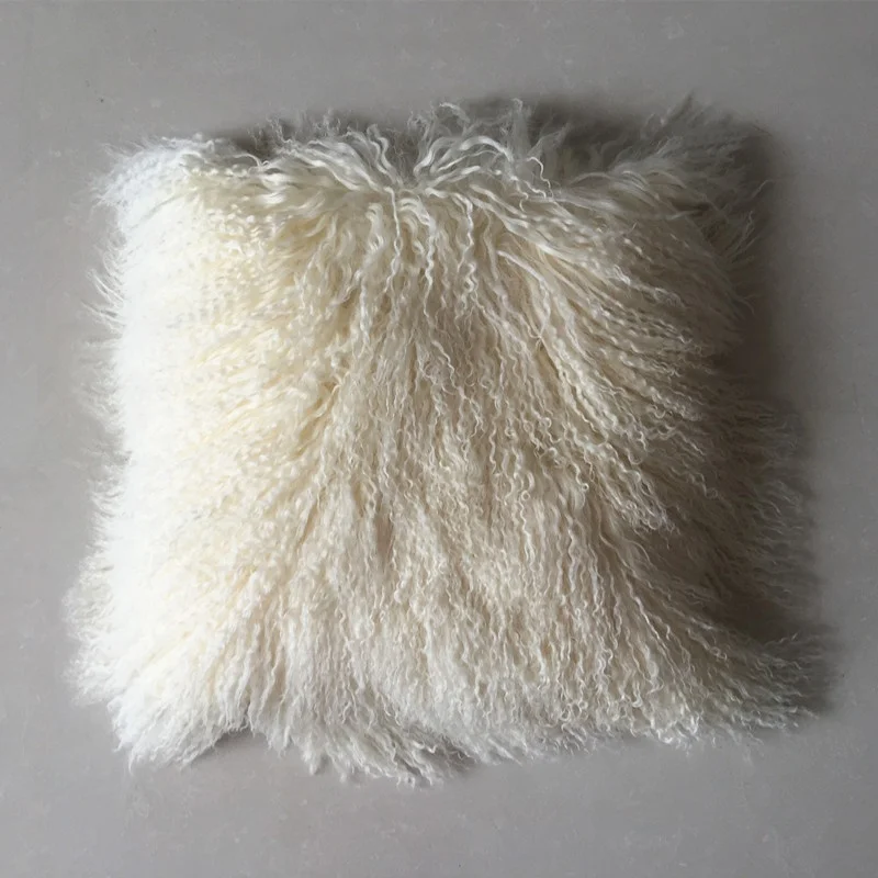 100% Real 40*40cm white color Mongolian lamb fur cushions long soft curly hairs Tibetan sheepskin wool