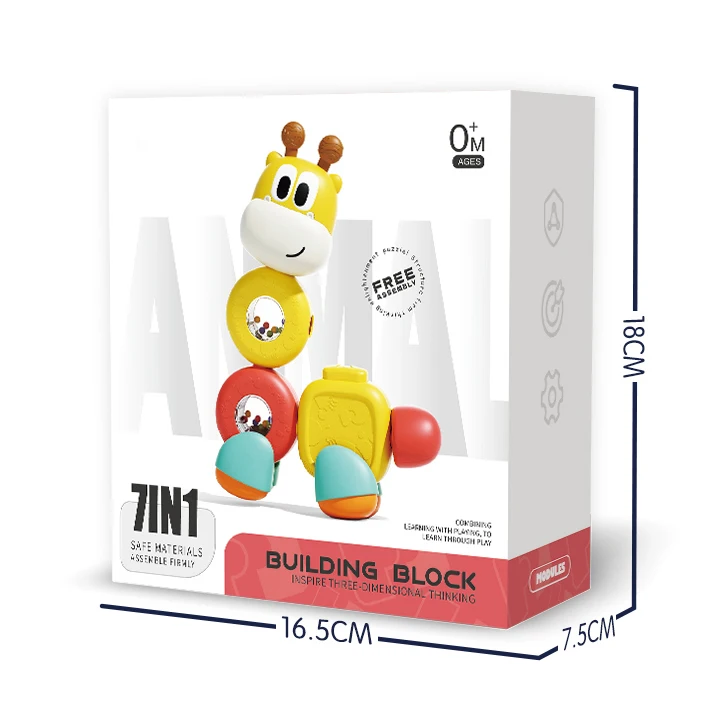 2024 Kids hot sale early education teething chewing rattle toy montessori 7-in-1 cartoon giraffe hand rattle toy