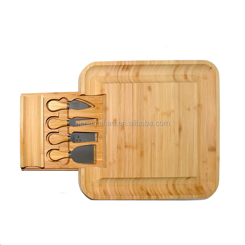 Slide out natural bamboo wood cheese board and cutlery set with stainless steel butter knife cutter slicer shovel in drawer