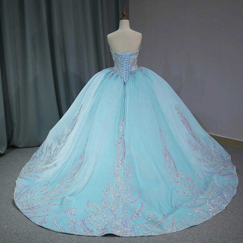 Blue Quinceanera Dress Lace Applique Beaded Bling Organza Off Shoulder Sweet 16 Dy6831