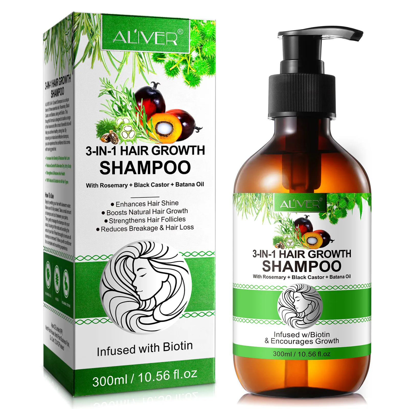ALIVER private label enhances hair shine organic biotin low moq jamaican black castor batana rosemary oil hair growth shampoo