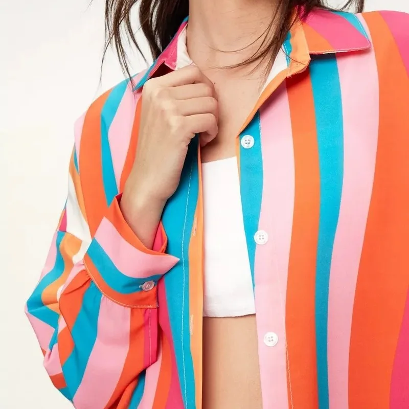 Spring Summer 2023 Women S Clothing Colorful Neon Color Block Striped Drop Shoulder Shirt for women