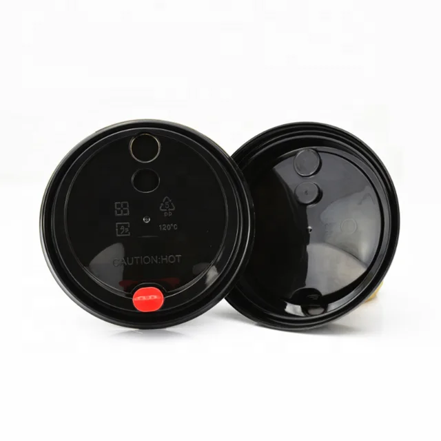 90mm Diameter Black Plastic PP Injection Cup Lid With Stopper Plug For Bubble Tea