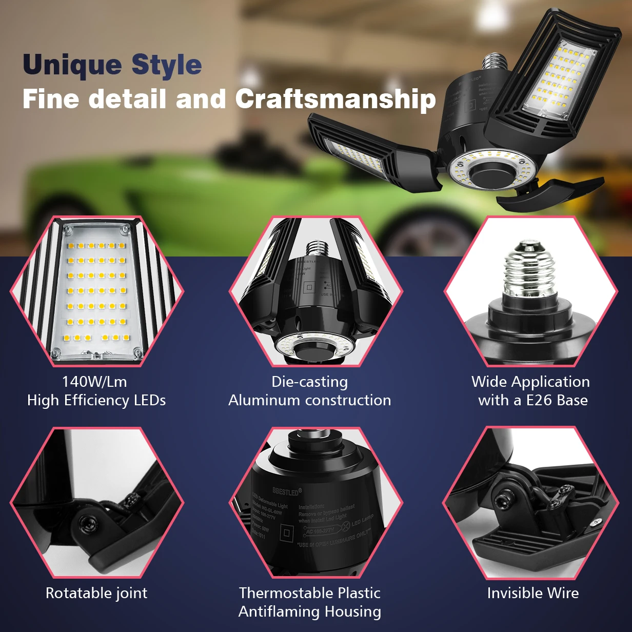 80W Deformable LED Garage Lights ETL 5000K 3-Panel Adjustable Trilights ceiling 60w 125w 100w for Indoor Area