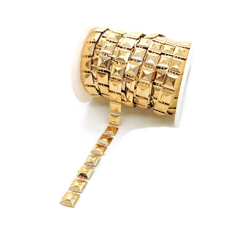 wholesale one row gold Pyramid shape plastic polypropylene trimming roll rhinestone sequins ribbon cup chain for garment decor