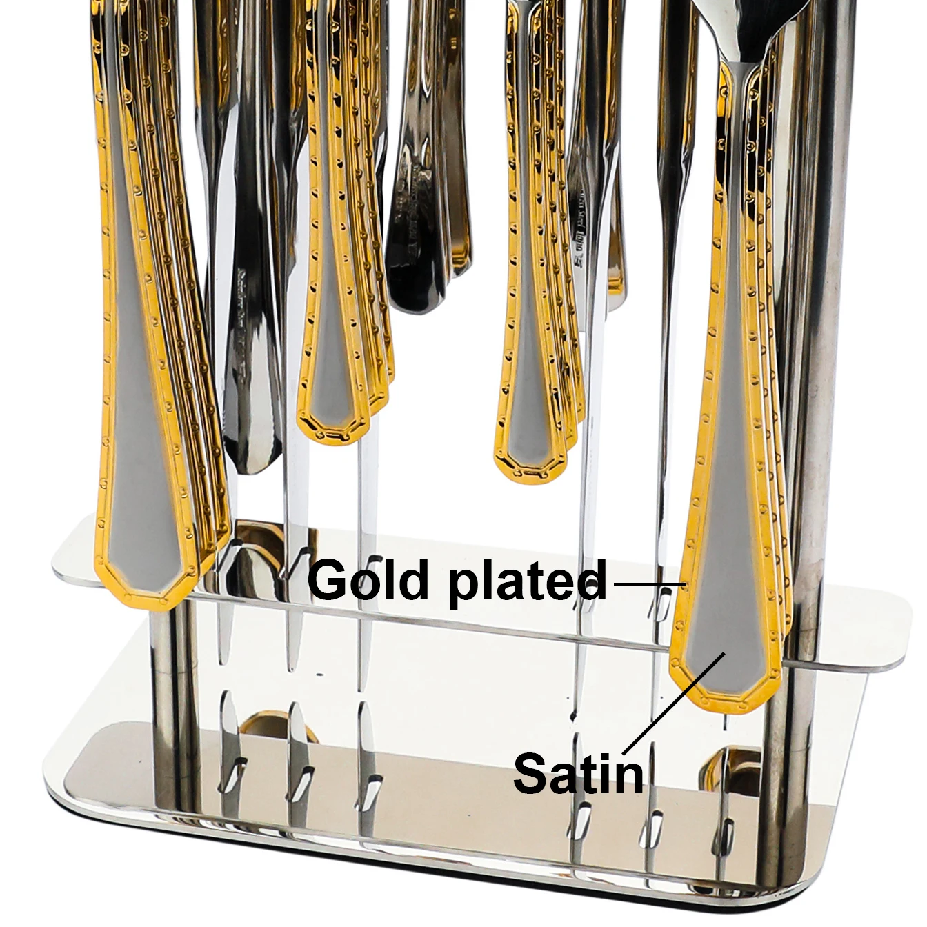 Gold flatware set 30pcs stainless steel cutlery set spoon and fork with metal stand holder in cutlery box