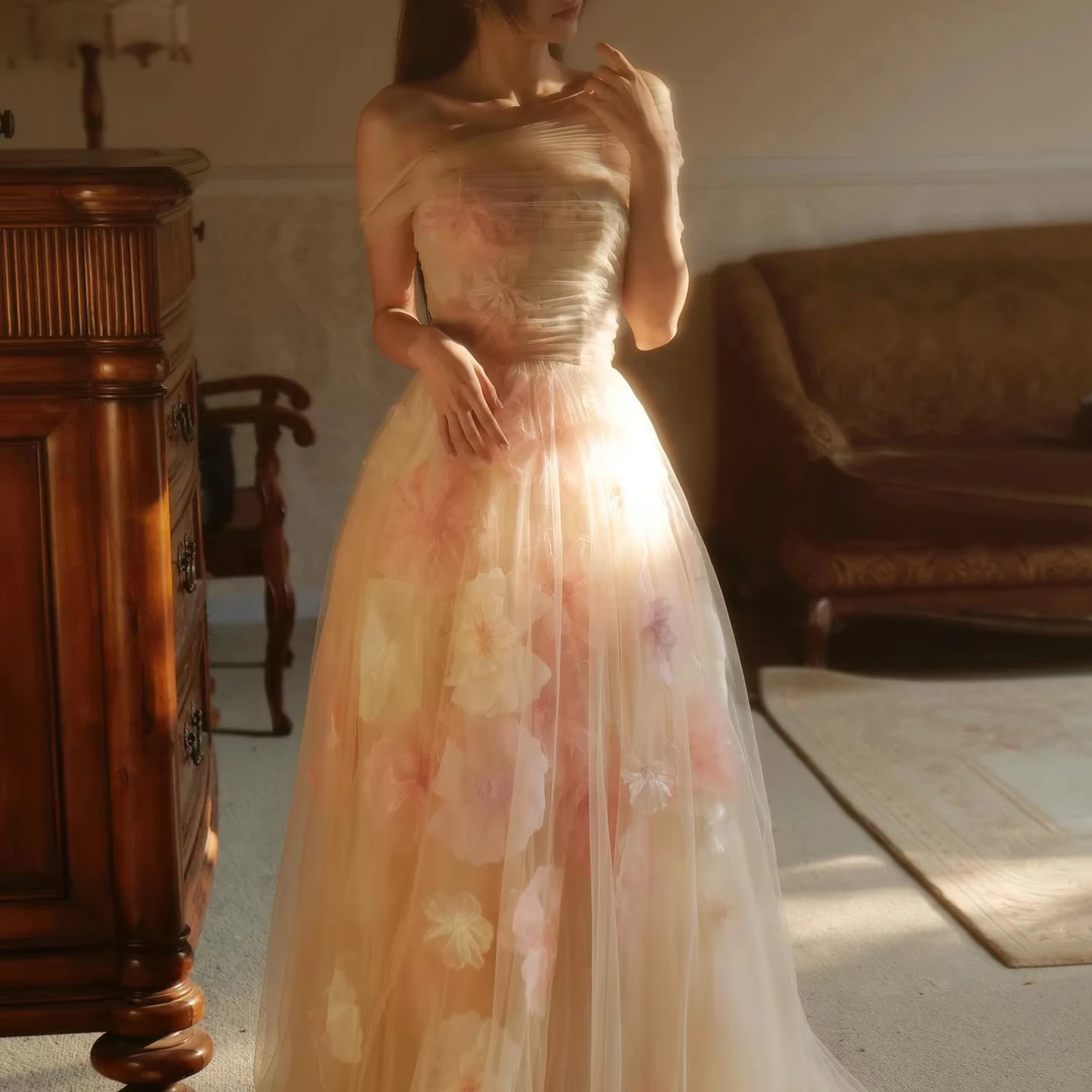 Elegant Off Shoulder Pink 3D Flowers Champagne Evening Dress With Straps Arabic Long Women Wedding Party Gowns Lsz321