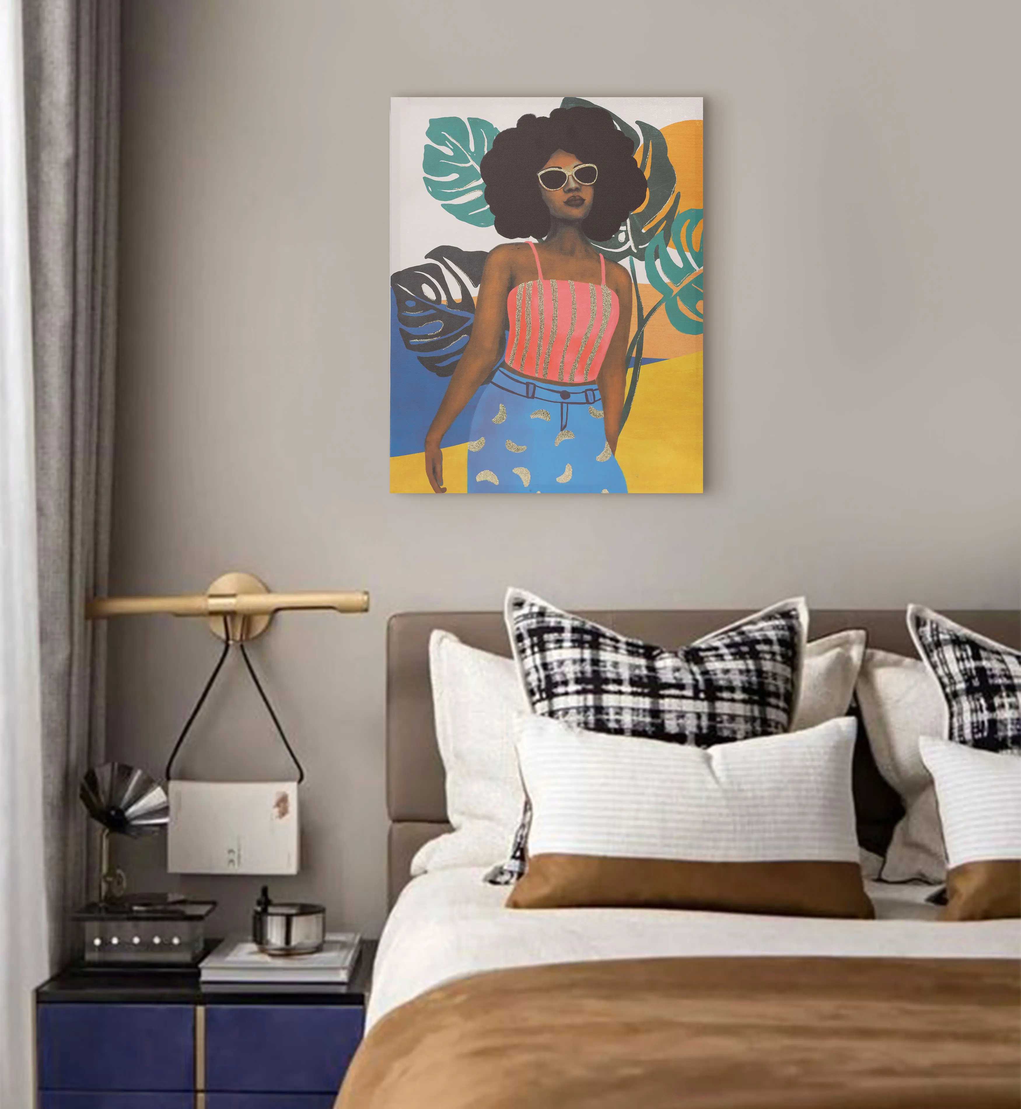 Classical Art Modern Portrait Wall Decor Black African Sunglasses Women Canvas Art Printing Other Oil Painting