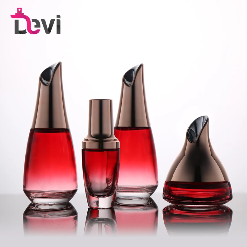 Devi Luxury Empty 50g 30ml 120ml Red Cosmetic Glass Cream Jars Lotion Dropper Pump Bottle Packaging