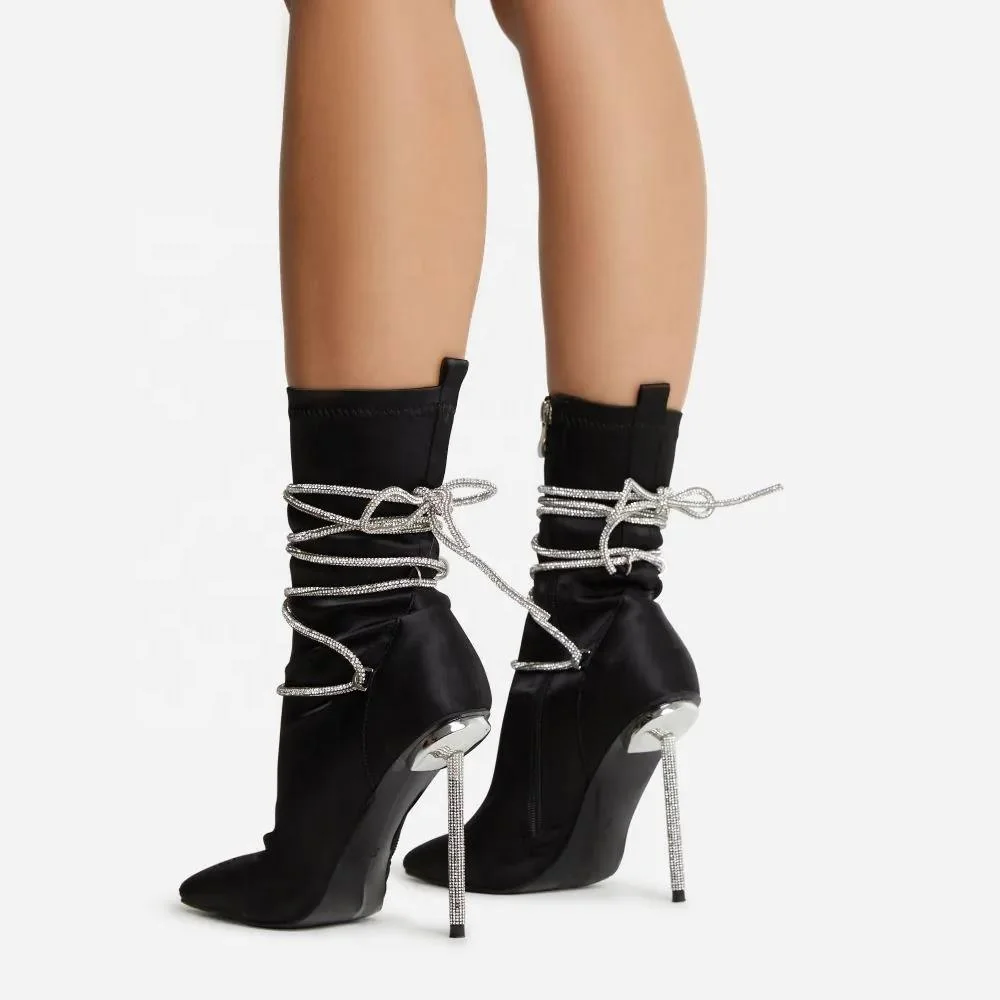 black strap diamond stiletto heel pointed  toe  lycra ankle sock dress boots  for women and  laddies women ankle boots