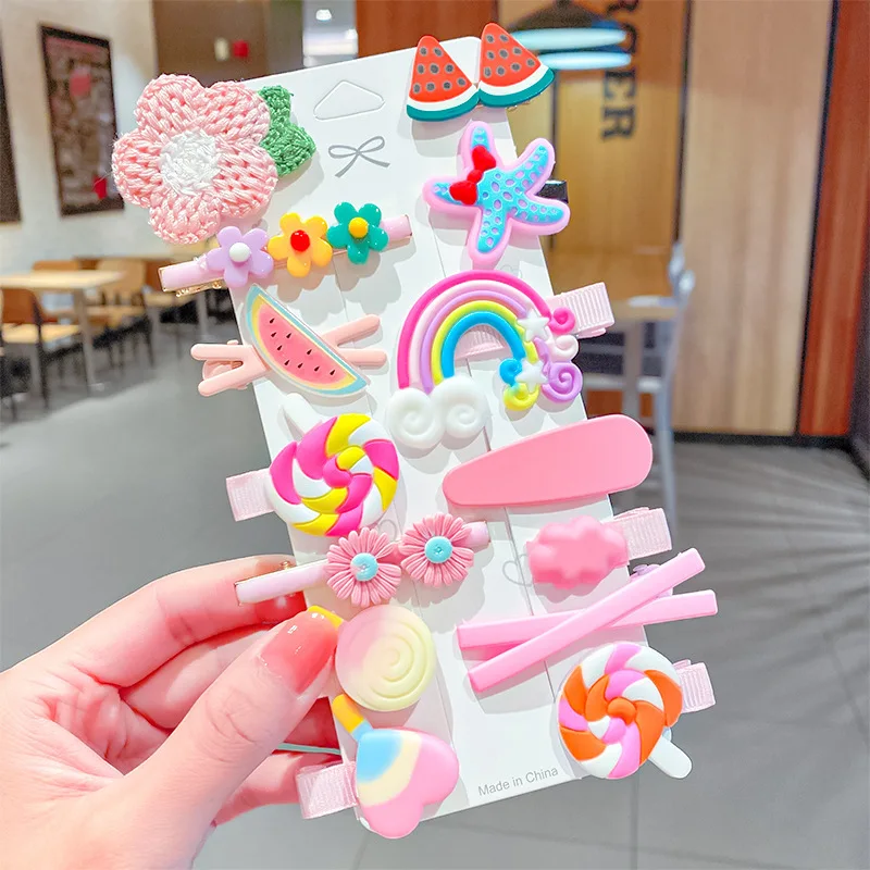 14-Piece Set Rainbow Hair Grips Fashionable Heart-Shaped Metal and PC Material Cute Design for Baby Girls