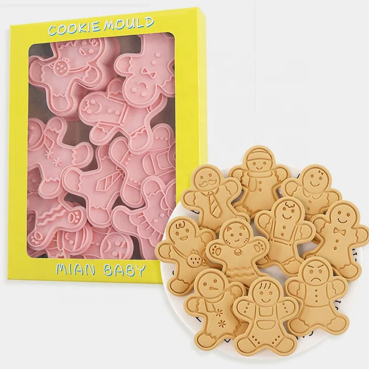 YJ Custom Christmas Gingerbread Man 10-Piece Set 3D Cookie Cutting Mold Disposable Food Grade Flipping Sugar Baking Tool