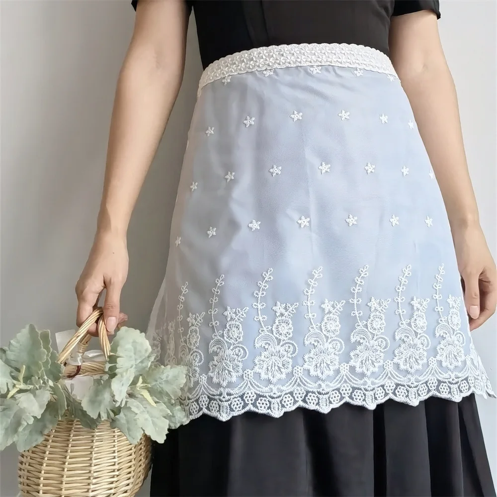 Custom Home Garden Kitchen Cooking Cotton Polyester White Lace Waist Aprons with Pockets for Women