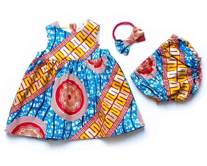 100% Cotton Orange Blue Graphic Design Fabric African Print Children Baby Ball Gowns Girls Dresses