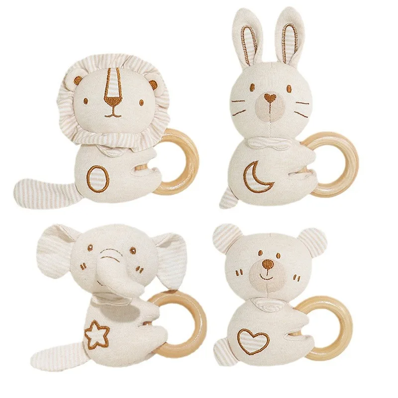 Plush Toys with Beech Ring Organic Cotton Rattle Soft Baby Rattles Plush Animals Rattle Toys Baby Educational Toys