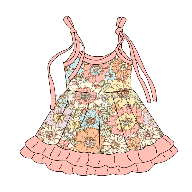 New Arrival Summer Flower Pattern Print Kids Milk Silk Fabric Cute Vest Tie Up Dress Baby Girls Boutique Soft Dresses