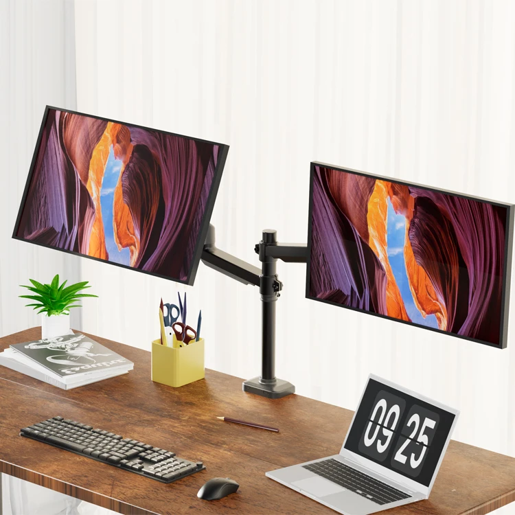 AUKI Dual Monitor Stand Dual Arm  With Pole Fits 32 Inch  Vesa Arm Gas Spring Monitor Arm