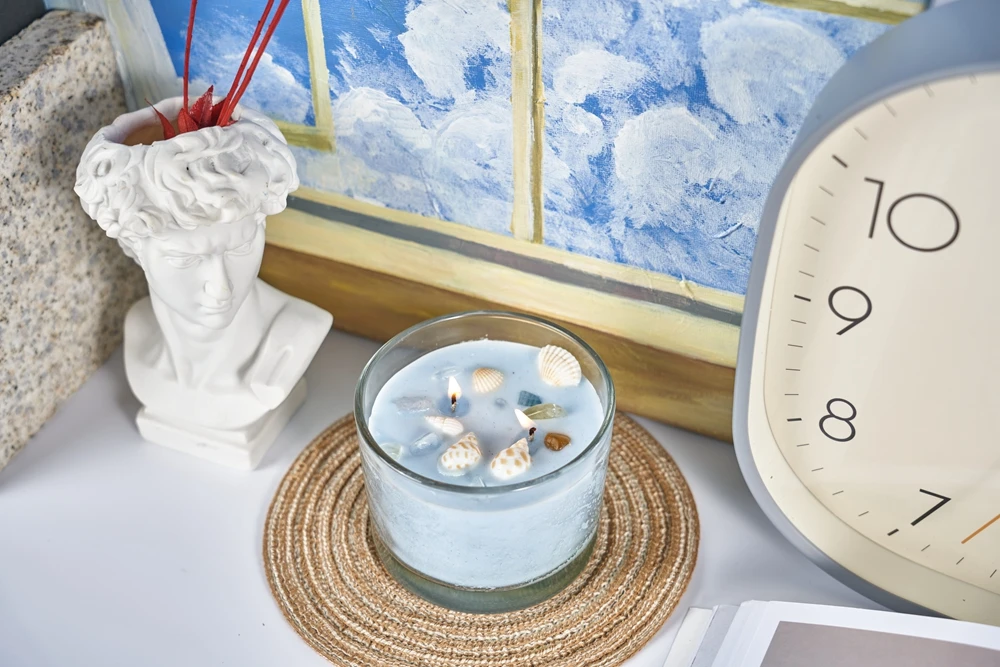 Novelty Style Shell Pillar Jar Natural 2 Wick Blue Scented Candles with Logo