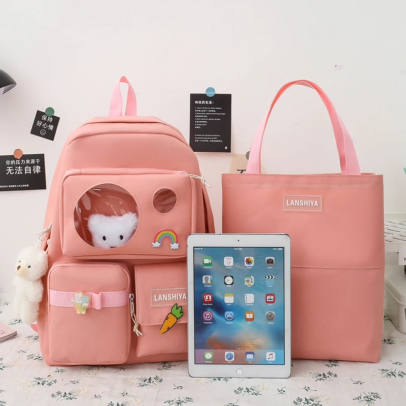 Custom logo canvas multiple pocket student tote kids college 5pcs Set side bags girls backpack for teenagers