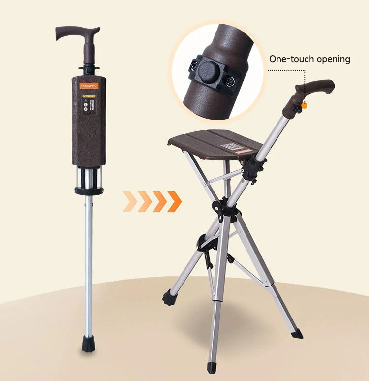 Lightweight Foldable Aluminum Telescopic Folding Three Legs Cane Elderly Disabled Walking Stick with Seat Stool