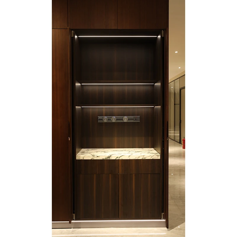 George Walnut wood grain cabinet with waterfall marble bar counter kitchen