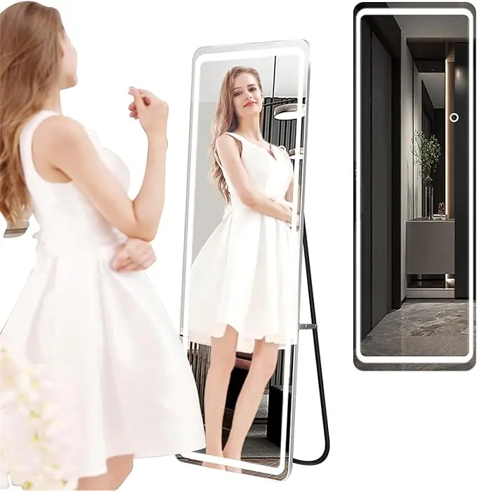 Bathroom Rectangular Dimmable Touch Screen Switch Led Smart Full Length Mirror Silver Standing FM Modern Rectangle 3 Years