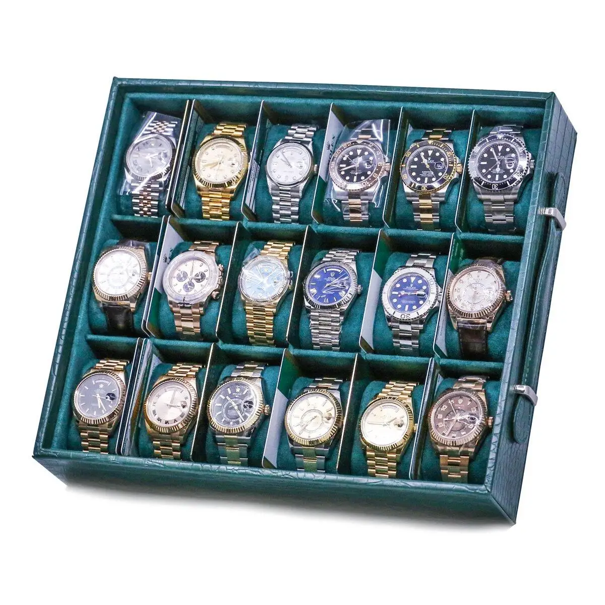 Custom Luxury Leather Watch Display Trays 18 Slot With Top Watch Storage Box