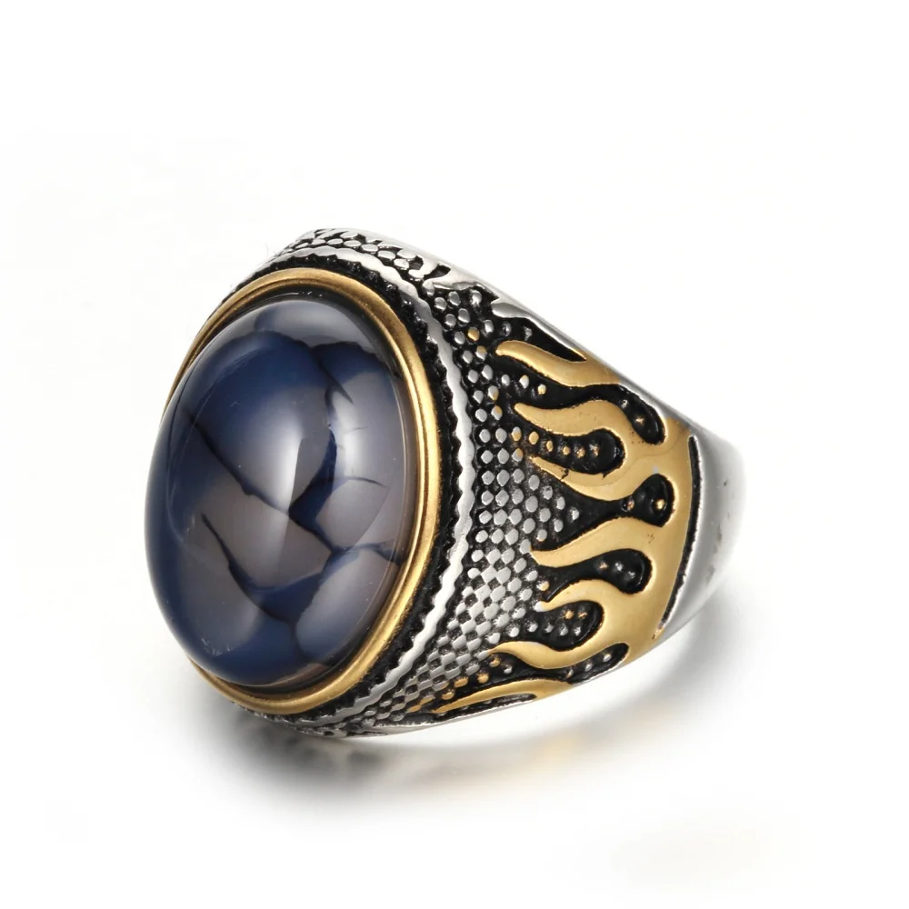 Fine jewelry natural gemstones purple shell tiger eye stone inlay fire stainless steel ring men jewelry wholesale