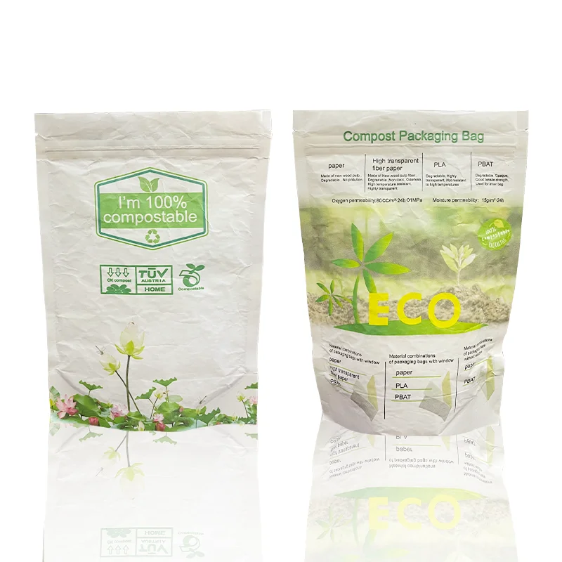 Standing up Pouch Food Packaging Zipper Bag with Window Kraft Craft Paper Reusable Biodegradable Doypack Ziplock Brown White 500