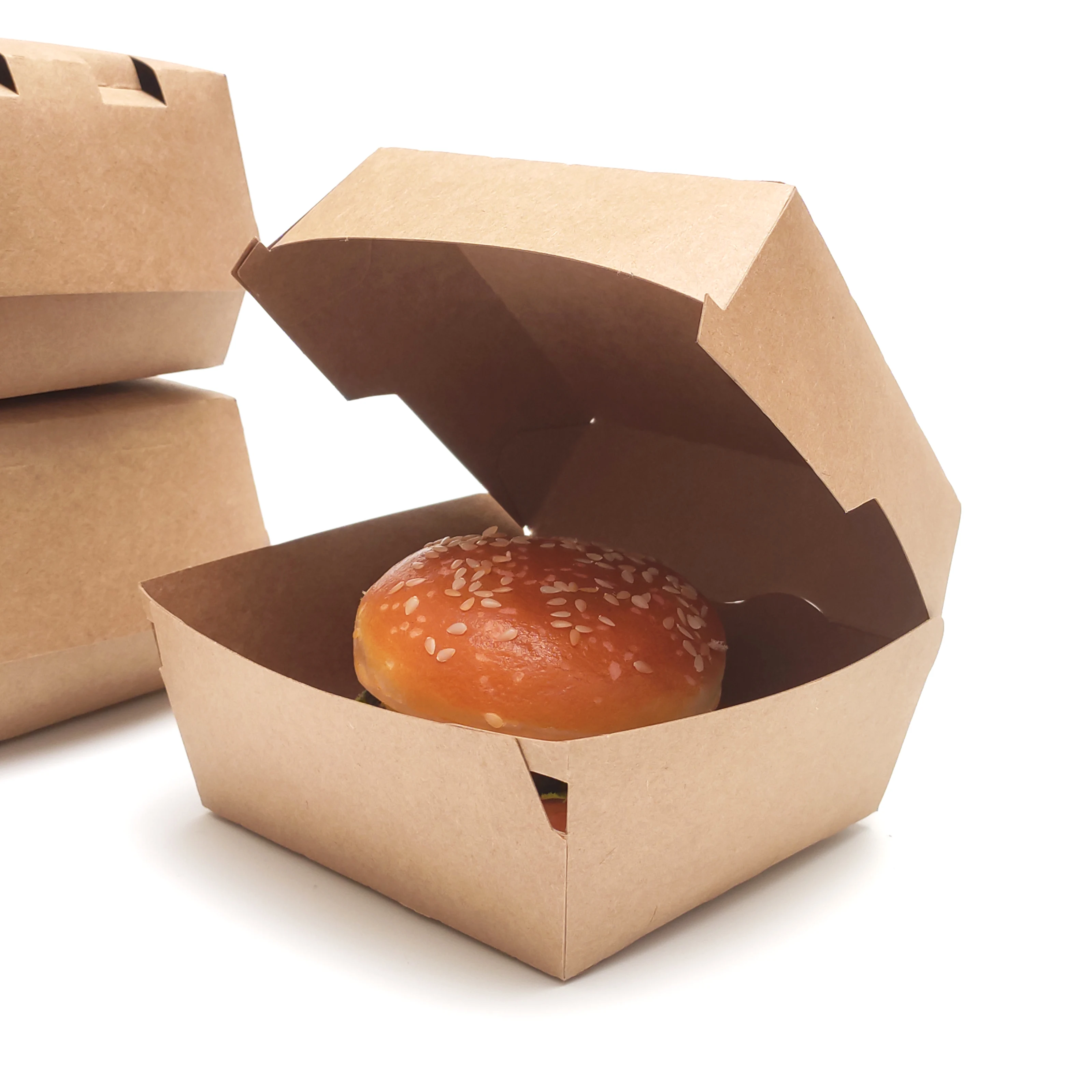 Custom Logo Printed Size Disposable Clamshell Kraft Paper Fast Food Packaging Burger Boxes For Burger