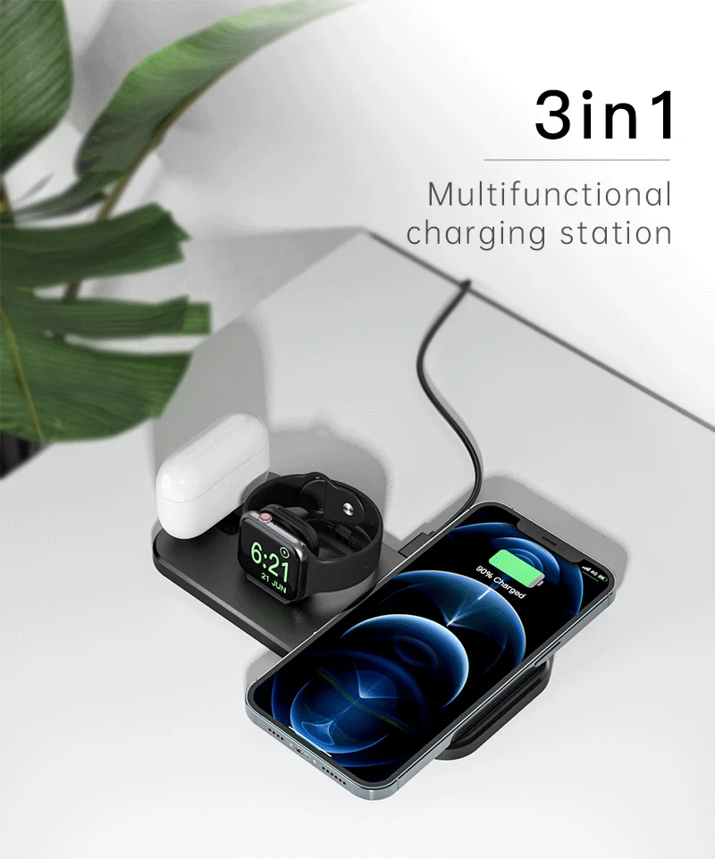 
Беспроводное зарядное устройство для электроники, совместимость-зарядка до 3 устройств одновременно-телефоны, наушники, часы, зарядное устройство 