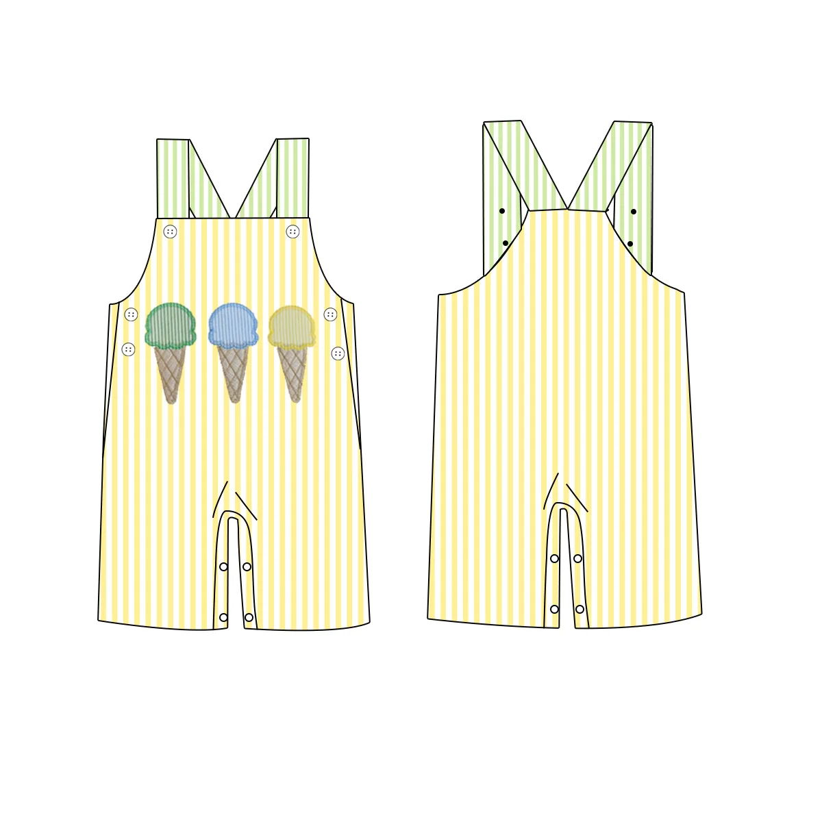 Puresun children clothing sets boutique ice-cream applique kids bodysuit yellow stripe baby newborn rompers wholesale