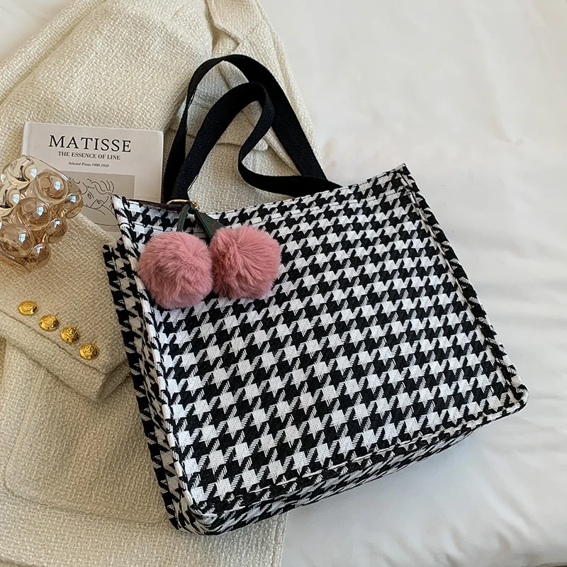 Fashion Houndstooth 2024 Personalized Logo Travel Bag Eco-friendly Cotton Customized Shopper Shopping Canvas Tote Bag