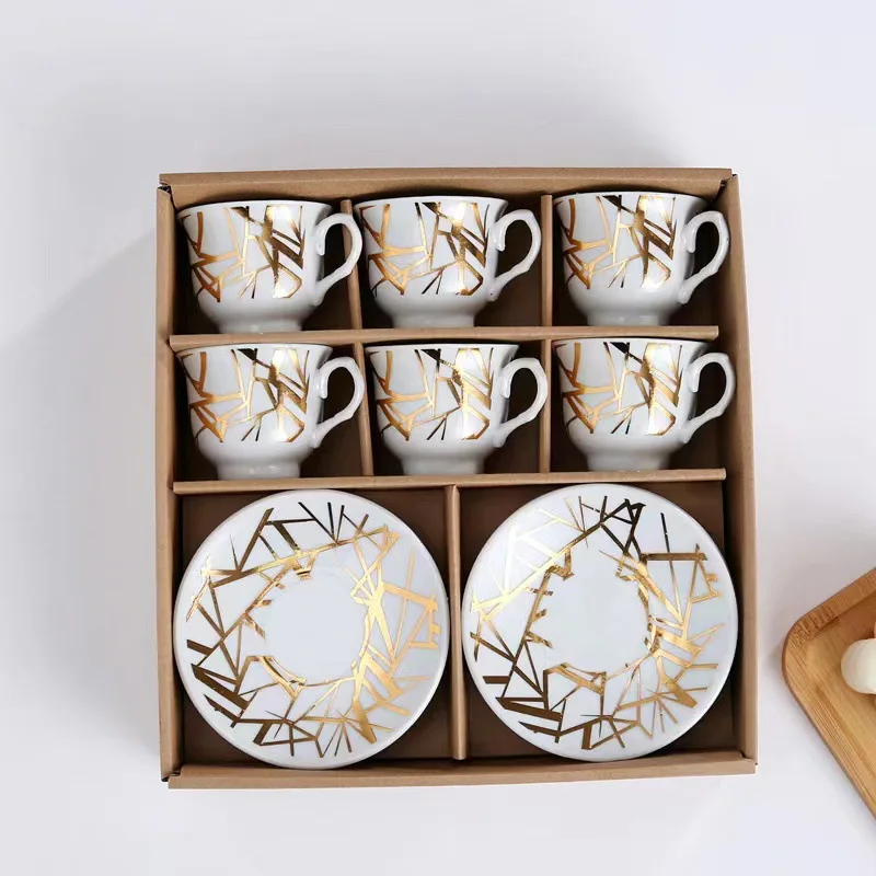 Wholesale 12 Pcs Western Royal Home Decors Ceramic Coffee & Tea Set With Gold Handle