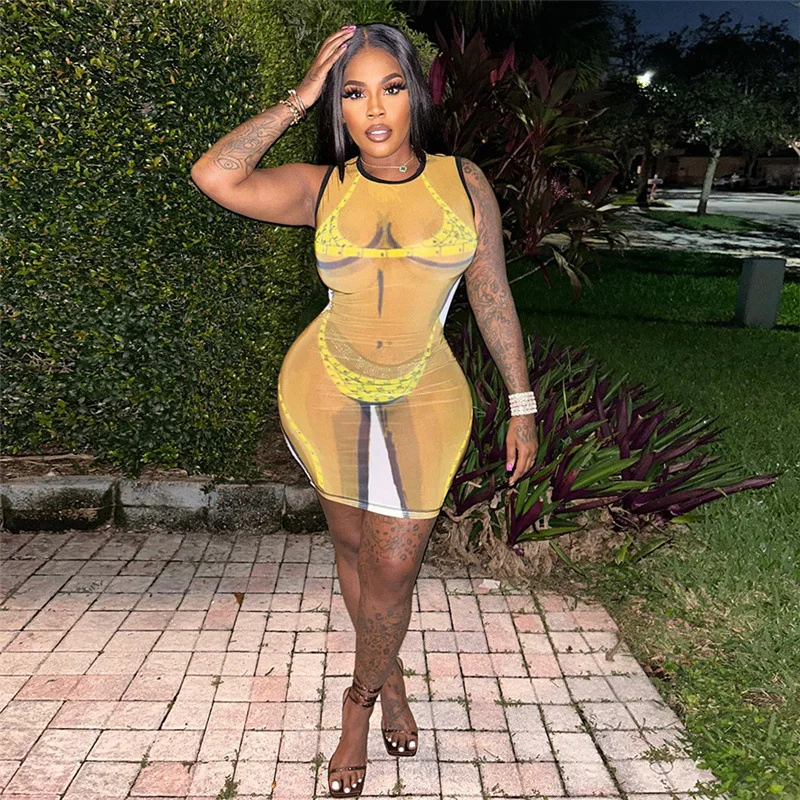2023 Women Club Lace Up Mini Dress Women Clothes 3D Body Print Sexy Sleeveless Vestido Slim Fit See Through Party Mini Dress