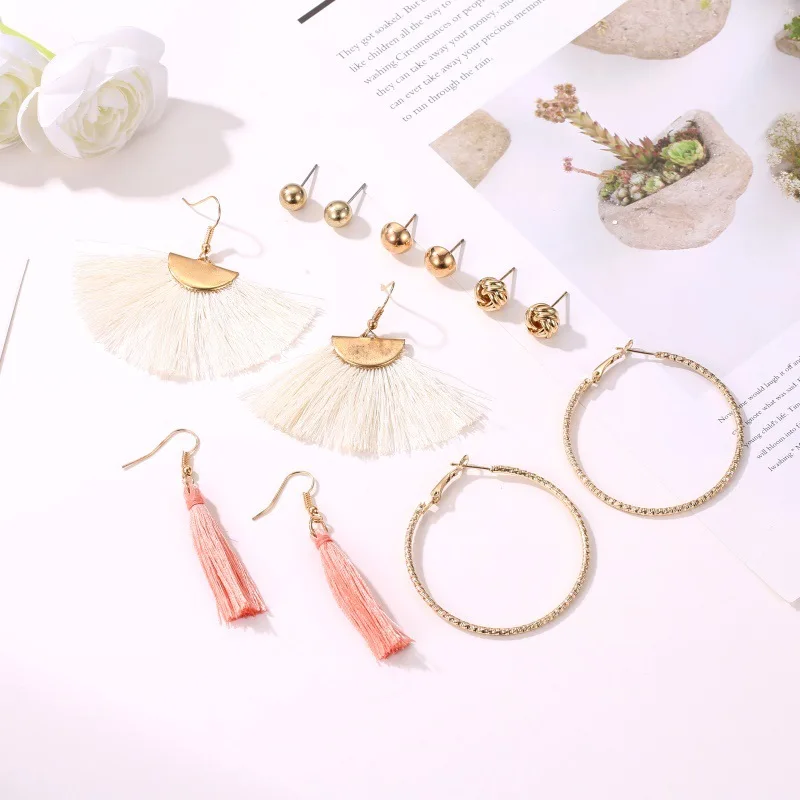 JER-197006 6 Pairs Pack Stud Lady Small Pack New Fashion Tassel Drop Boho Earring Set