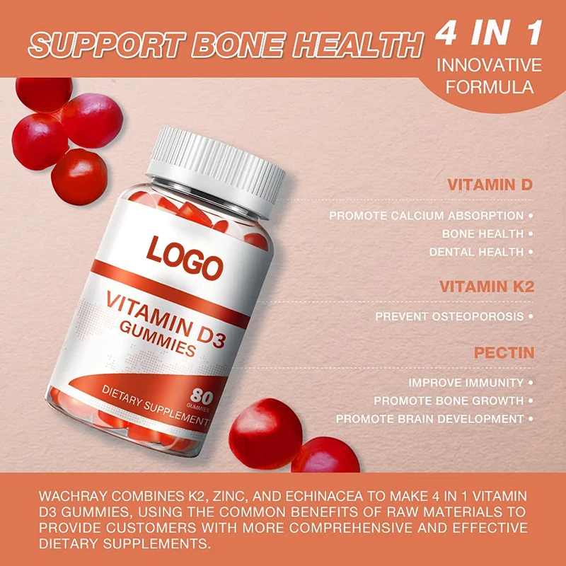 Dietary Supplement Pectin Vegetarian Private Label Improve Bone Density Teeth Health Support Vitamin D3 Gummies