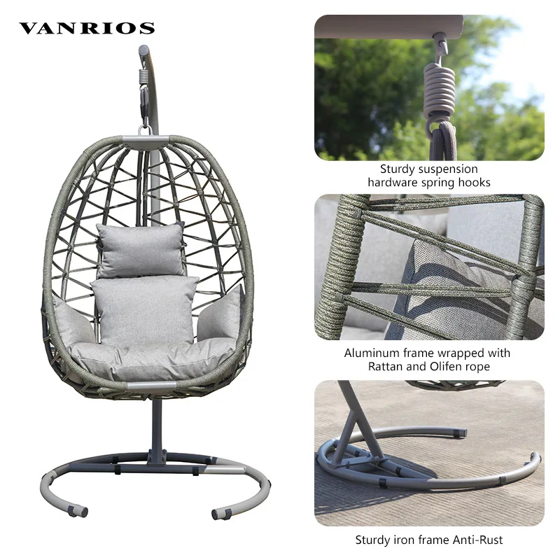 VANRIOS Garden Patio Moder Indoor Bedroom Metal egg shape outdoor furniture daybed  Swing Hammock Hanging Chair With Rattan