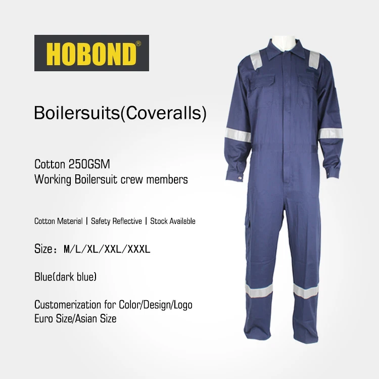 IMPA 19054111  250GSM 100% Cotton Boilersuit Working Coveralls  with reflective tape HOBOND  BLUE WHITE ORANGE