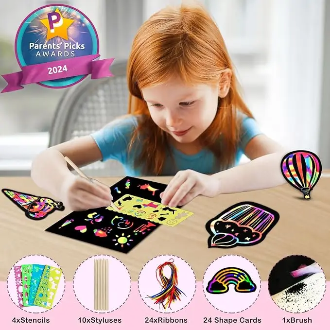Rainbow Scratch Paper Art Magic Black Scratch Off Paper Art Sheets for Kids with Wooden Stylus Soft Brush and Drawing Stencils