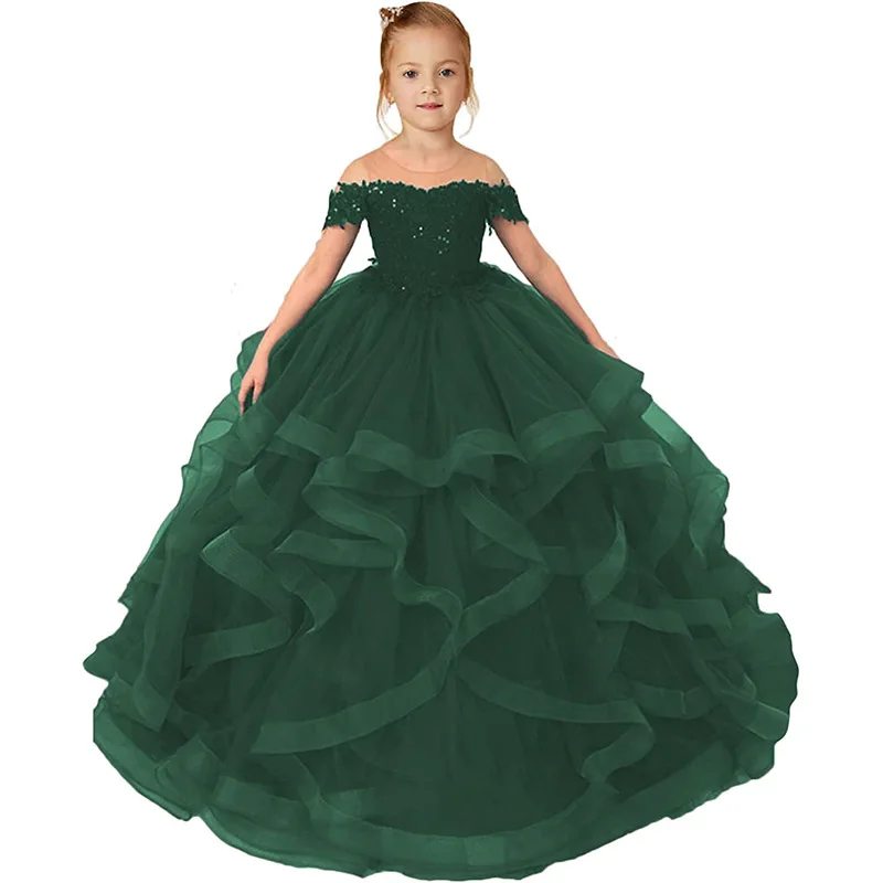 Low Moq Custom Kids Evening Party Gown Baby Girls Pageant Dresses Off Shoulder Multi Layered Flower Girl Dress With Lace