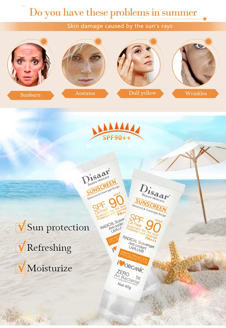 Disaar SPF 90 Sunblock Moisturizer Whitening Organic Sunscreen Cream for All Skin Waterpoof Concealer Sunscreen Cream